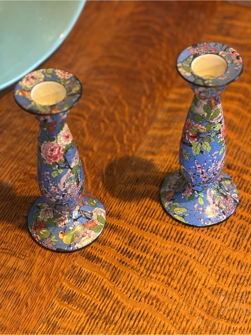 1920s Crown Ducal Blue Chintz Candlesticks – English Porcelain Pair